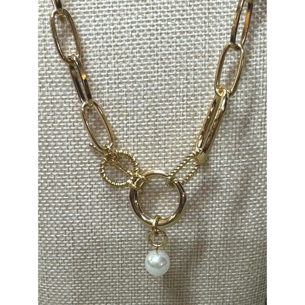 Gold Paperclip Chain Necklace Faux Pearl Toggle Statement Layering Chic Resort - Picture 2 of 9